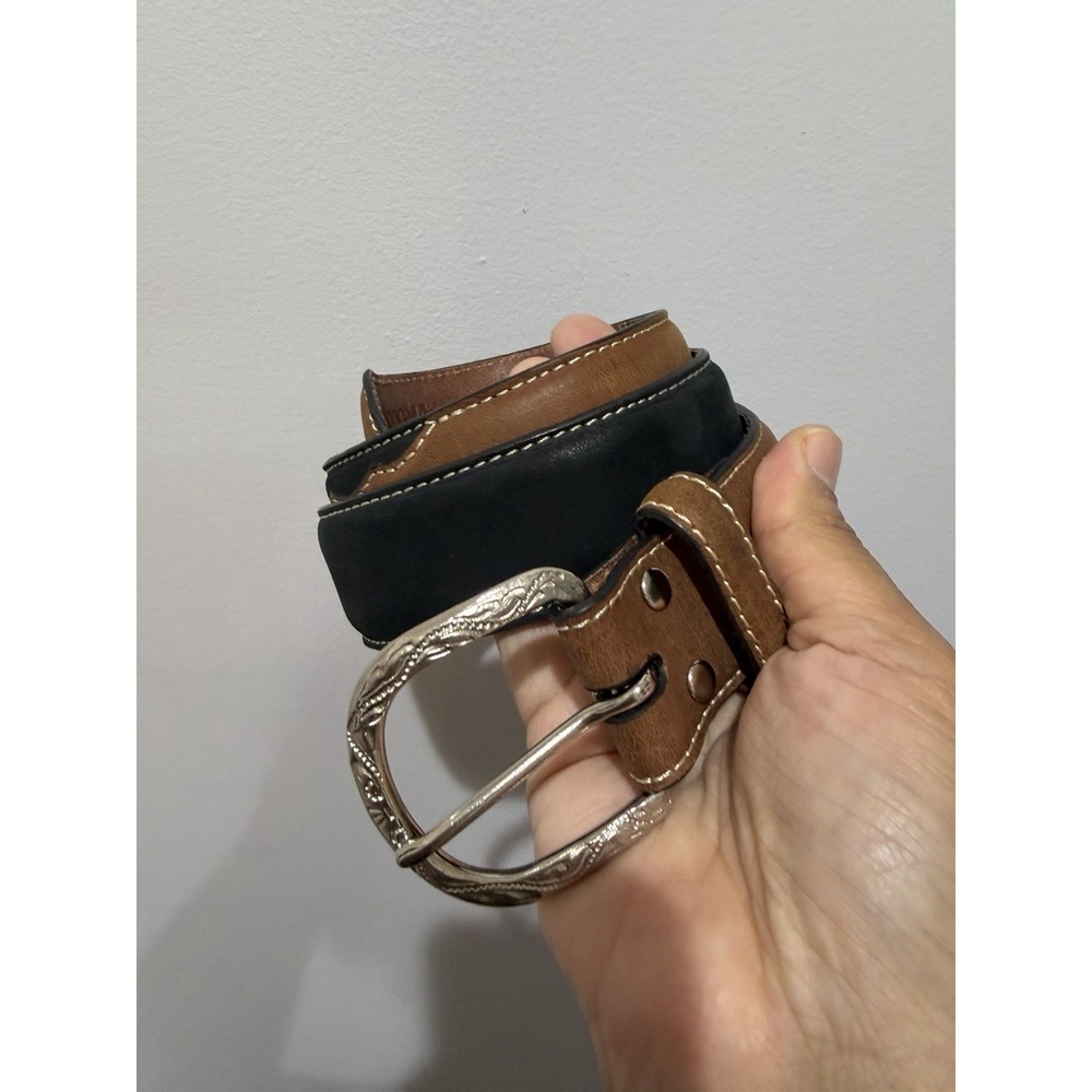 Nocona Belt Western Belt Black & Brown Silver Tone Buckle Sz 32